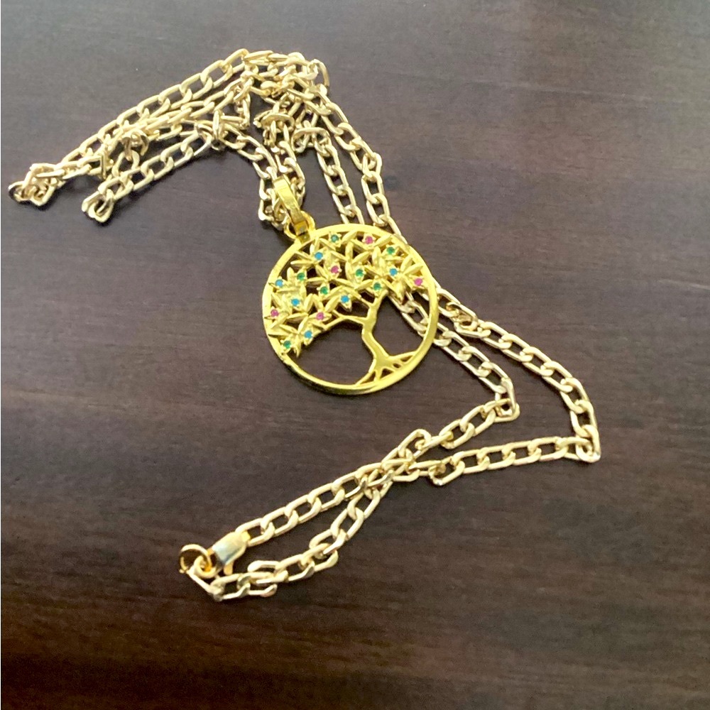 18K Gold Life Tree Medallion Pendant Chain Necklace